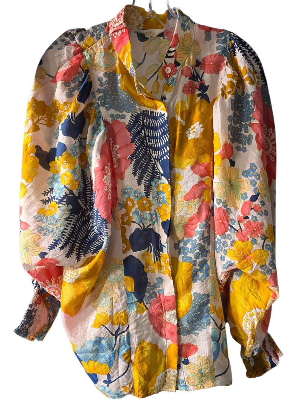Bientonie Women's Floral Puff Sleeve Button-Front Blouse - Size X-Large